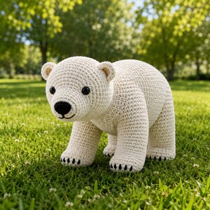 May include: A cream-colored crocheted polar bear toy featuring a textured yarn surface, round black plastic eyes, a black stitched nose, and small black stitched claws on each of its four paws. The bear is standing in a quadrupedal position.