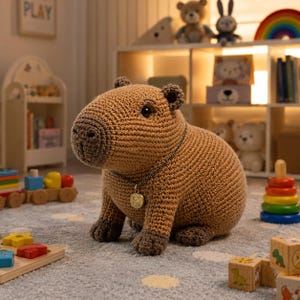 May include: A brown crocheted capybara plush toy with a darker brown snout and feet. The capybara wears a thin metallic chain necklace featuring a small round pendant with an engraved animal design. The plush has a textured, yarn-based surface.