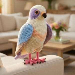 May include: A handmade crochet bird with a cream-colored body, blue and purple wings, and pink feet. The bird has a detailed design with orange and peach accents. It is perched on a cream-colored surface.
