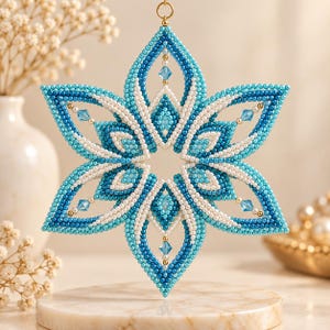 Aqua Lotus Star Seed Bead Wind Spinner Pattern PDF, Beaded Ornament Tutorial, Bead Weaving Hanging Decor, Digital Download
