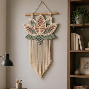 Puede incluir: Un tapiz de macramé con forma de flor de loto. La flor presenta pétalos en tonos rosa, verde y beige, sujetos a una clavija de madera. La parte inferior de la pieza tiene largas franjas beige.