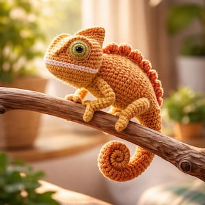 Könnte beinhalten: Ein gehäkeltes Chamäleon in Orange- und Gelbtönen sitzt auf einem Ast. Das handgefertigte Reptil hat detaillierte Nähte, einen eingerollten Schwanz und einen strukturierten Rücken. Das Chamäleon hat grüne Augen.