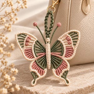 May include: A macrame butterfly keychain featuring a central body made of cream cord, with wings intricately knotted in alternating patterns of cream, dusty pink, and olive green. The butterfly includes two antennae with small knots at the tips.
