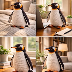 Peut inclure: Un pingouin au crochet fait &agrave; la main avec un corps blanc, des ailes et un dos noirs, et des pieds et un bec orange. Le pingouin a une t&ecirc;te jaune et noire et est un objet d&eacute;coratif.