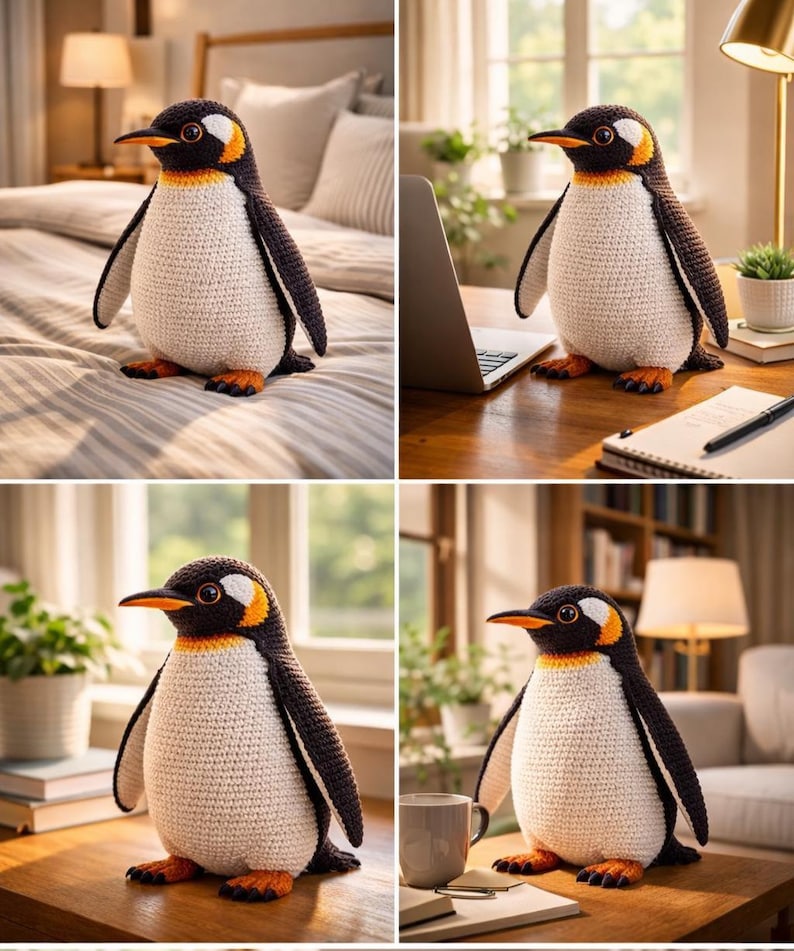 Peut inclure: Un pingouin au crochet fait &agrave; la main avec un corps blanc, des ailes et un dos noirs, et des pieds et un bec orange. Le pingouin a une t&ecirc;te jaune et noire et est un objet d&eacute;coratif.