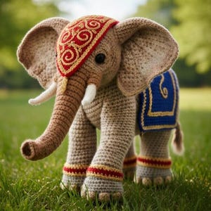 May include: A crocheted elephant toy in shades of brown, beige, red, and blue. The elephant has a decorative red and gold headpiece, a blue saddle, and red and gold accents on its legs. The toy is standing on green grass.