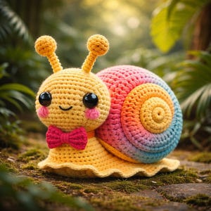 May include: A handmade crochet snail with a yellow body, a rainbow-colored shell, and a red bow tie. The snail has large black eyes and pink cheeks. The snail is sitting on a mossy surface.