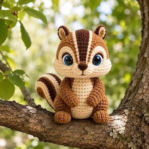 May include: A crocheted chipmunk plush toy featuring a brown and cream striped pattern, large blue plastic eyes, a small dark brown nose, and a bushy striped tail. The stuffed animal has a rounded head and body with textured yarn stitches.