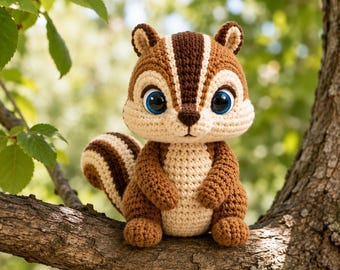 May include: A crocheted chipmunk plush toy featuring a brown and cream striped pattern, large blue plastic eyes, a small dark brown nose, and a bushy striped tail. The stuffed animal has a rounded head and body with textured yarn stitches.