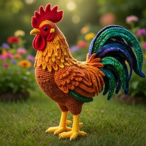 Schema PDF per realizzare un gallo amigurumi all'uncinetto, schema realistico per un giocattolo a forma di pollo, uncinetto per animali da fattoria, gallo di peluche fai da te, multilingue, giocattolo all'uncinetto