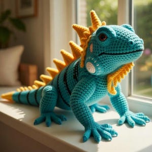May include: A turquoise crochet iguana with yellow and black accents. The handmade reptile features a detailed design, including a spiky dorsal ridge and a long tail. The iguana is posed on a white surface near a window.