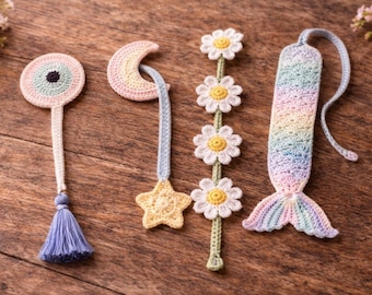 4-in-1 Crochet Bookmark Pattern PDF Bundle – Moon Star, Evil Eye, Daisy & Mermaid Tail, Easy Amigurumi Bookmarks DIY Gift