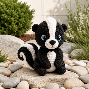 Op de afbeelding: Een gehaakt stinkdier knuffel gemaakt van zwart en wit garen, met grote blauwe ogen, een witte streep van het voorhoofd tot de neus, een witte buikvlek en een gekrulde, gestreepte staart. Het knuffeldier zit in een rechtopstaande houding.