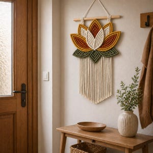 Könnte beinhalten: Ein Makramee-Wandbehang in Form einer Lotusblume. Die Blume hat Blütenblätter in Gold-, Rost- und Cremetönen, grüne Blätter und cremefarbene Fransen. Sie ist an einem Holzstab befestigt.