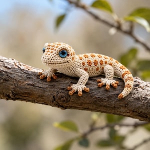 Può includere: Una statuetta di geco all'uncinetto caratterizzata da un corpo color crema con macchie marrone-arancio, quattro zampe con dita distinte e grandi occhi blu brillante. Il piccolo peluche è realizzato con punti visibili e una superficie ruvida.