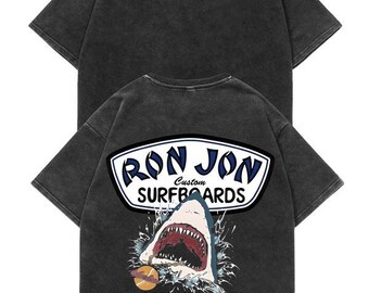 Vintage Washed Shark Surf Graphic T-Shirt, Unisex Oversized Beach Tee, 100% Cotton Summer Surf Shirt, Coastal Streetwear Gift