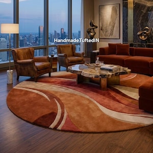 Hand Tufted Wool Rug, Round Burnt Orange Rust Red Area, Mid Century Modern Wavy Abstract Carpet, Custom Size