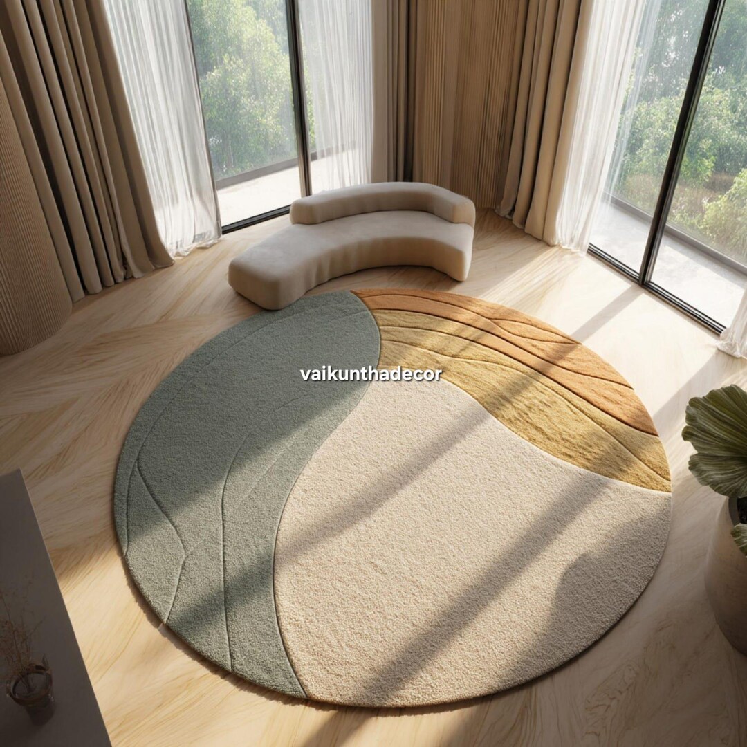 Earthy Colorblock Hand Tufted Wool Round Rug, Sage Green Earthy Abstract, Custom Size ...