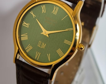 Reloj Seiko Slim Tank de cuarzo vintage – esfera verde con números romanos – Restaurado – Reloj clásico unisex