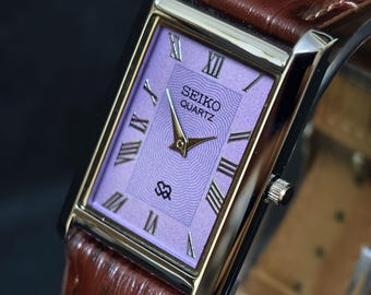 ヴィンテージ セイコー スリムタンク パープルダイヤル、シルバートーンケース クラシックな時計