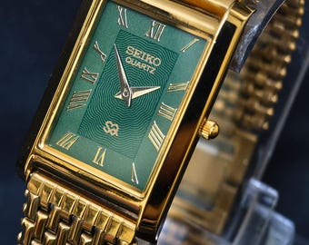 Reloj Seiko Slim Tank de cuarzo vintage – Esfera verde con números romanos – Restaurado – Reloj de vestir clásico unisex