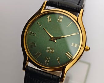 Reloj Seiko Slim Tank de cuarzo vintage – esfera verde con números romanos – Restaurado – Reloj clásico unisex