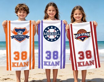 Personalized Sports Beach Towel, Logo Towel, Custom Name & Number Towel, Kids and adults Sports Team Towel, Baseball Basketball Soccer Towel
