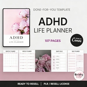 Könnte beinhalten: ADHS Life Planner Vorlage mit rosa floralem Design. Der digitale Planer enthält monatliche, wöchentliche und tägliche Planungsseiten sowie Smart Goals. Das Cover zeigt den Text "ADHS Life Planner" und der Planer hat 107 Seiten.