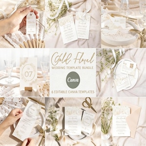 Puede incluir: Un conjunto de plantillas de papelería de boda con un diseño floral dorado. Las plantillas incluyen invitaciones, tarjetas de sitio y números de mesa. Se muestra el texto "Gold Floral Wedding Template Bundle", junto con el logotipo de Canva. La paleta de colores es suave, con tonos crema y dorado.