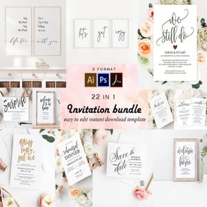May include: A collection of printable invitation templates, including wedding, rehearsal dinner, and save-the-date cards. The bundle includes various designs with elegant calligraphy and floral accents. The text "Invitation bundle" is displayed.