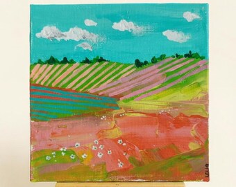 Peinture miniature originale de paysage : champs de printemps, oeuvre d'art acrylique sur chevalet, décoration d'intérieur rustique