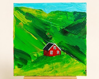 Original Miniature Landscape Painting: The Red Cottage, Acrylic Artwork on Easel, Rustic Home Decor