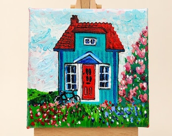 Pintura original em miniatura de paisagem: Chalé florido, obra de arte em acrílico sobre cavalete, decoração de mesa pequena
