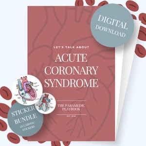 Puede incluir: Una descarga digital y un paquete de pegatinas para el síndrome coronario agudo. La portada es de color marrón rojizo con el texto "Let's Talk About Acute Coronary Syndrome". Incluye dos pegatinas cardíacas y una descarga digital.