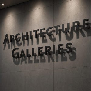 Może przedstawiać: Szara ściana z czarnymi, trójwymiarowymi literami tworzącymi napis ARCHITECTURE GALLERIES. Litery są zamontowane na powierzchni, rzucając wyraźne cienie w dół i w prawo pod ciepłym, wpuszczanym oświetleniem sufitowym.