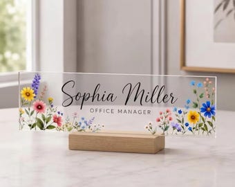 Custom Floral Acrylic Desk Name Sign, Personalized Office Name Plate, Wooden Base, Office Name Sign