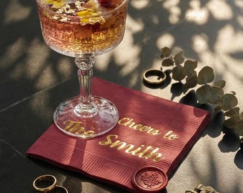 Custom Wedding Napkins, Gold Foil Cocktail Napkins, Personalized Signature Drink Napkins for Wedding Bar, Burgundy Rehearsal Dinner Decor