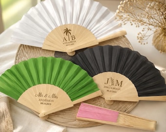Abanicos personalizados para bodas de destino, recuerdos para despedidas de soltera con nombre grabado, abanicos personalizados para fiestas de verano, regalos elegantes para eventos.