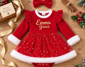 Personalized Embroidered Baby Name Clothes For Christmas, Custom Christmas Baby Dress, Bespoke Holiday Infant Outfit, First Xmas Gift