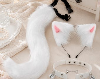 Benutzerdefinierte Katzenohren und Schwanz Set mit graviertem Namensschild, Kunstpelz Katze Cosplay Set, personalisiertes Kostümzubehör