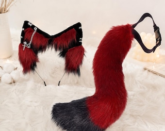 Fuchs Ohren und Schwanz Set, Rot Schwarz Kunstpelz Tier Ohren Stirnband, Wolf Katzenohren Cosplay Kostüm Zubehör, Anime Halloween Festival Outfit