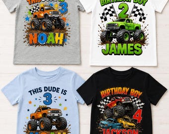 Maglietta di compleanno personalizzata con monster truck, maglietta per bambini con nome ed età personalizzati, completo per festa a tema camion per ragazzi