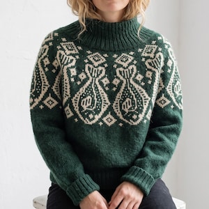May include: A dark green long-sleeve jumper featuring a high ribbed collar and a cream-coloured geometric pattern across the chest and shoulders. The design includes repeating fish-like motifs and diamond shapes integrated into the knit fabric.