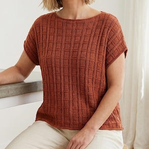 May include: A rust-colored, short-sleeved top with a textured, geometric pattern. The top has a boat neck and a loose fit. The fabric appears to be knitted or crocheted. The model is wearing the top with light-colored pants.