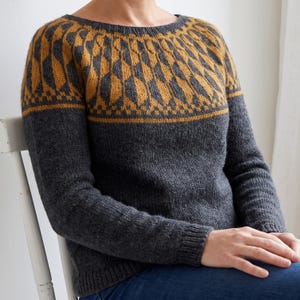 Può includere: Un maglione in maglia a maniche lunghe color grigio antracite con scollo rotondo e uno sprone decorato con un motivo geometrico a rombi ripetuto in giallo senape e grigio antracite. Il maglione presenta polsini e orlo a coste in vita.