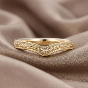 4mm Vintage Filigree Men's Wedding Band Solid 14K Gold, Hand Engraved Milgrain Ring for Him, Unique Anniversary Band