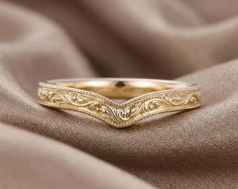 4 mm Vintage Filigran Herrvigselring Massivt 14K Guld, Handgraverad Milgrain Ring för Honom, Unik Jubileumsring