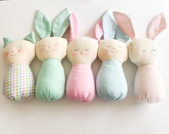 Handmade Cotton Bunny Doll: Pink Cat Costume, Embroidered Details