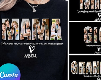 Può includere: Felpa nera con la parola "MAMA" in grandi lettere bianche riempite di foto di famiglia. Sotto la parola c'è il testo "You may be one person to the world, but to us you mean everything" e un simbolo a forma di cuore. La felpa ha anche il nome "AM&Lia" sotto il cuore.