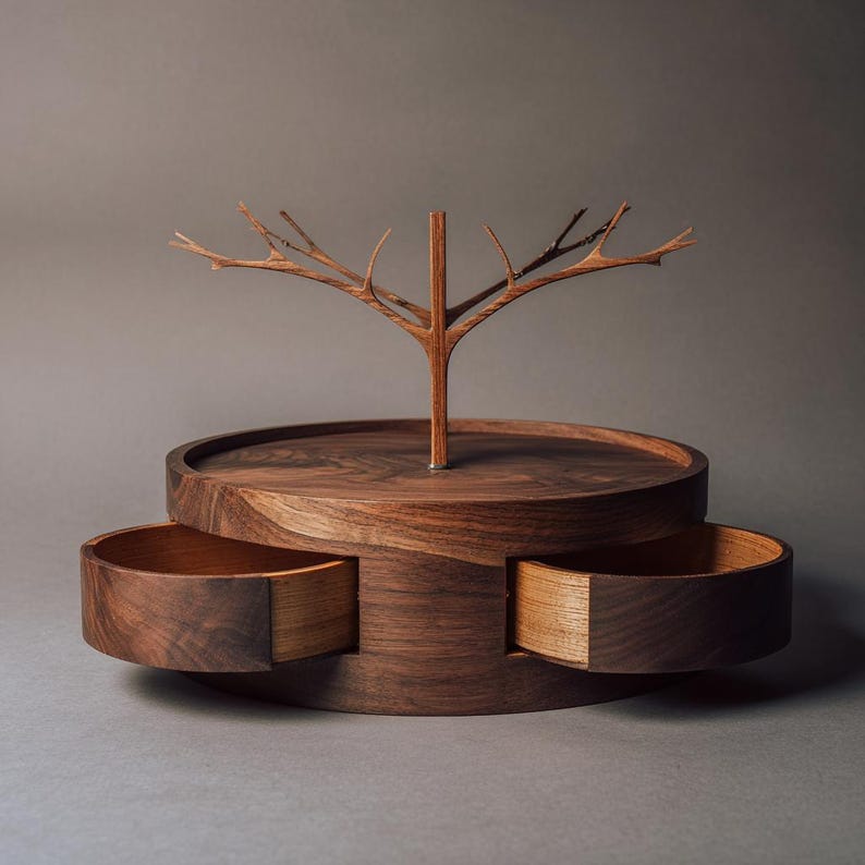 Double Drawer Wood Jewelry Tree, Aesthetic Circular Walnut Box with Engraving, Unique Symmetrical Necklace Stand, Modern Luxury Desktop Art